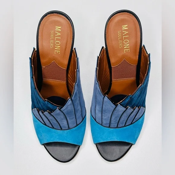 Malone Souliers Donna Fanned Blue Suede Colorblock Mules Heels Shoes Sandals - Picture 12 of 15